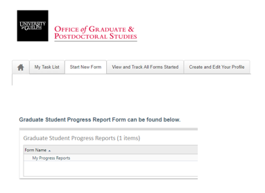 Screenshot of the start new form table showing the progress report form link.