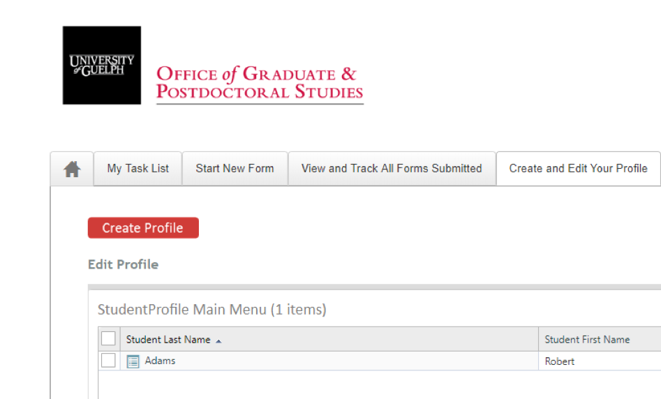 Screen shot of the student profile tab