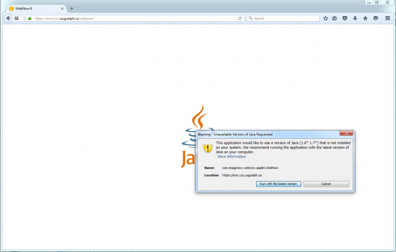 Screenshot showing a warning popup stating "Unavailable Version of Java Requested"