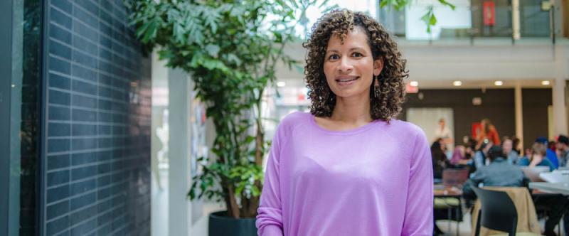 Portrait of graduate student Danielle Julien-Wright (PhD, Population Medicine) in the Albert A. Thornbrough Building, University of Guelph