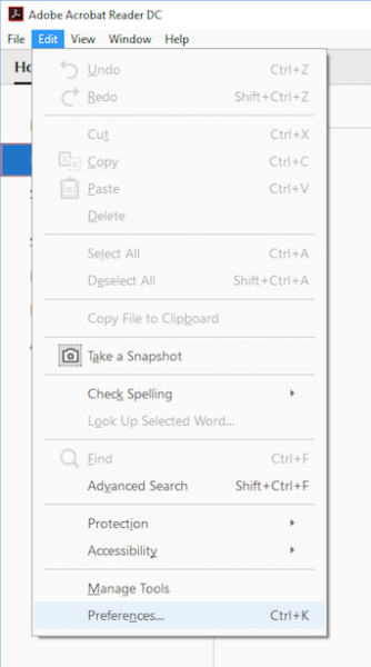 Screenshot of Adobe Reader Edit toolbar, selecting preferences