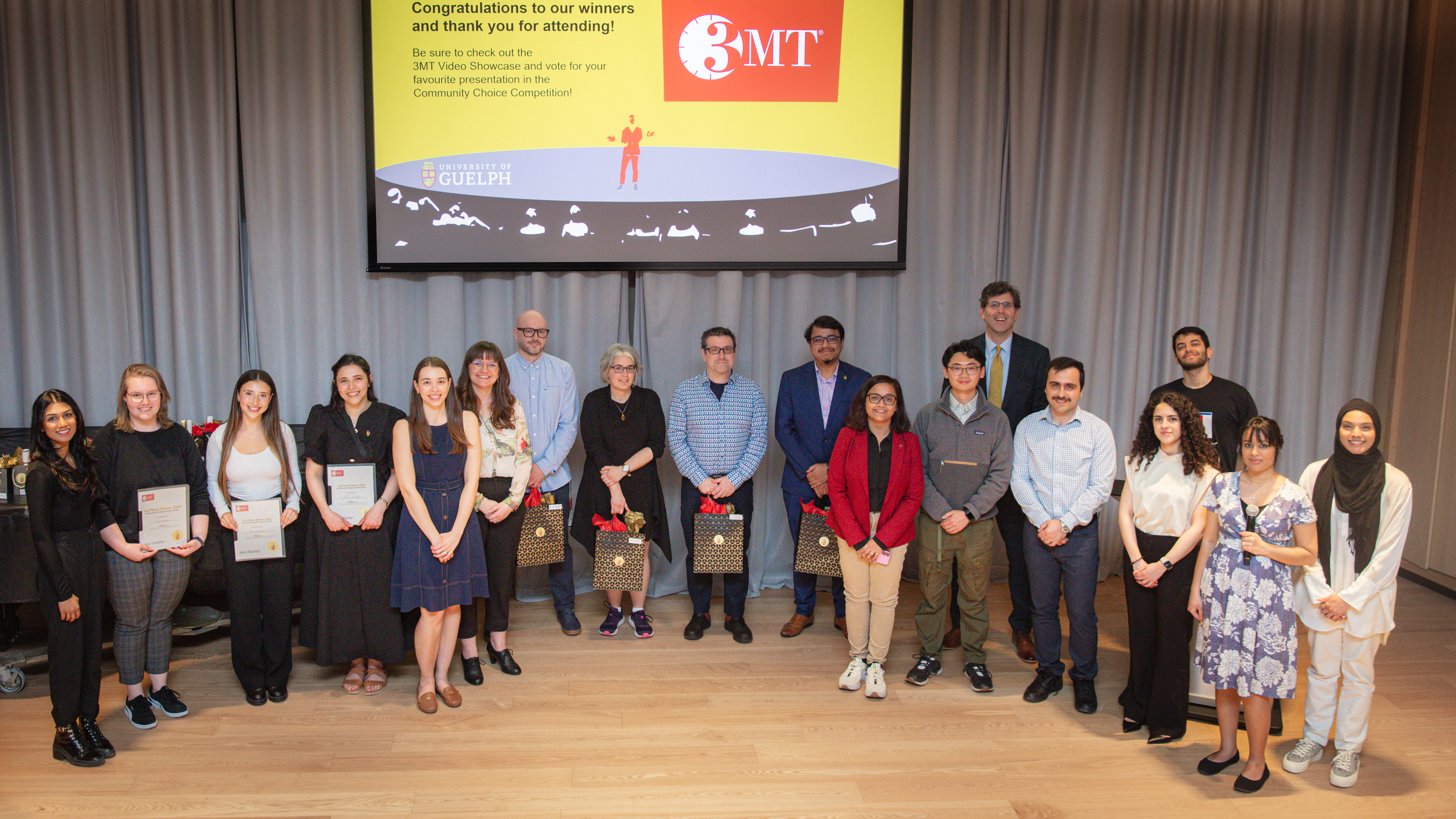 Group photo of 3MT participants, judges and graduate studies staff  at the University of Guelph