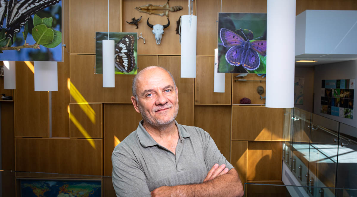 Andrew Vowles in the lobby of The Centre for Biodiversity Genomics (CBG) at the University of Guelph