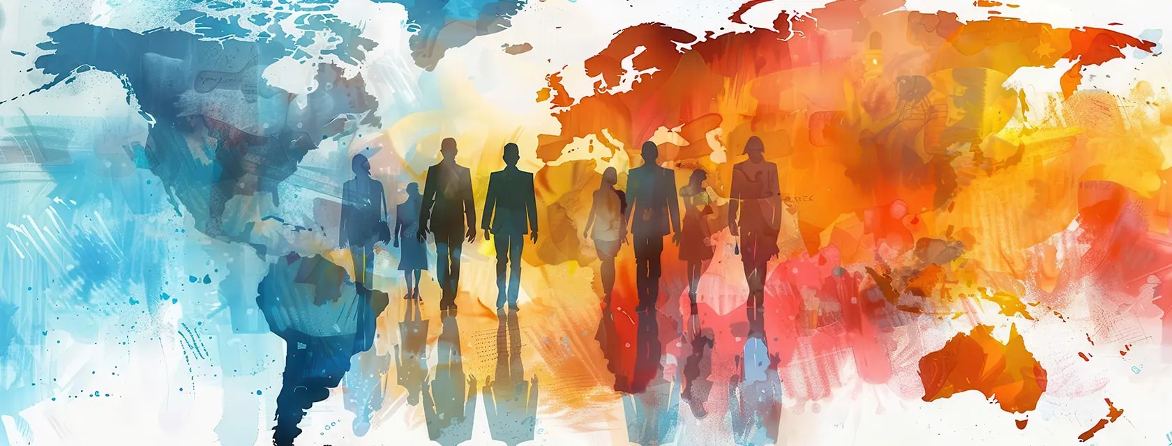 Colourful illustration of people walling in sihouette, includes a world map