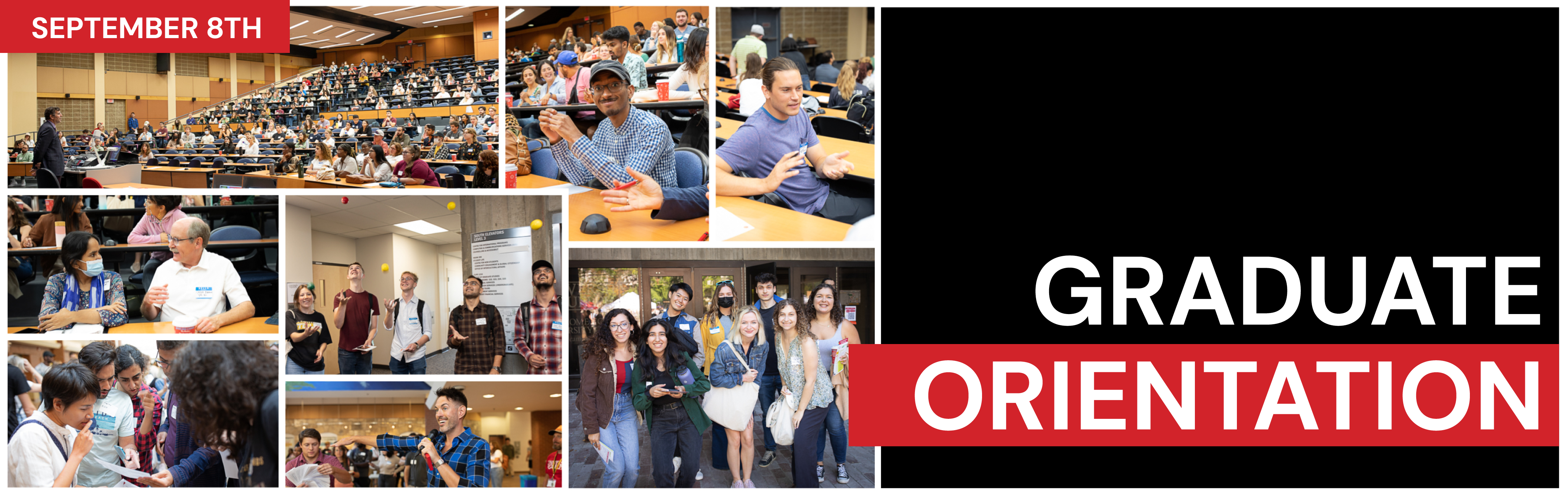  A decorative banner with images from previous grad orientation days and bolded text saying 'Graduate Orientation'