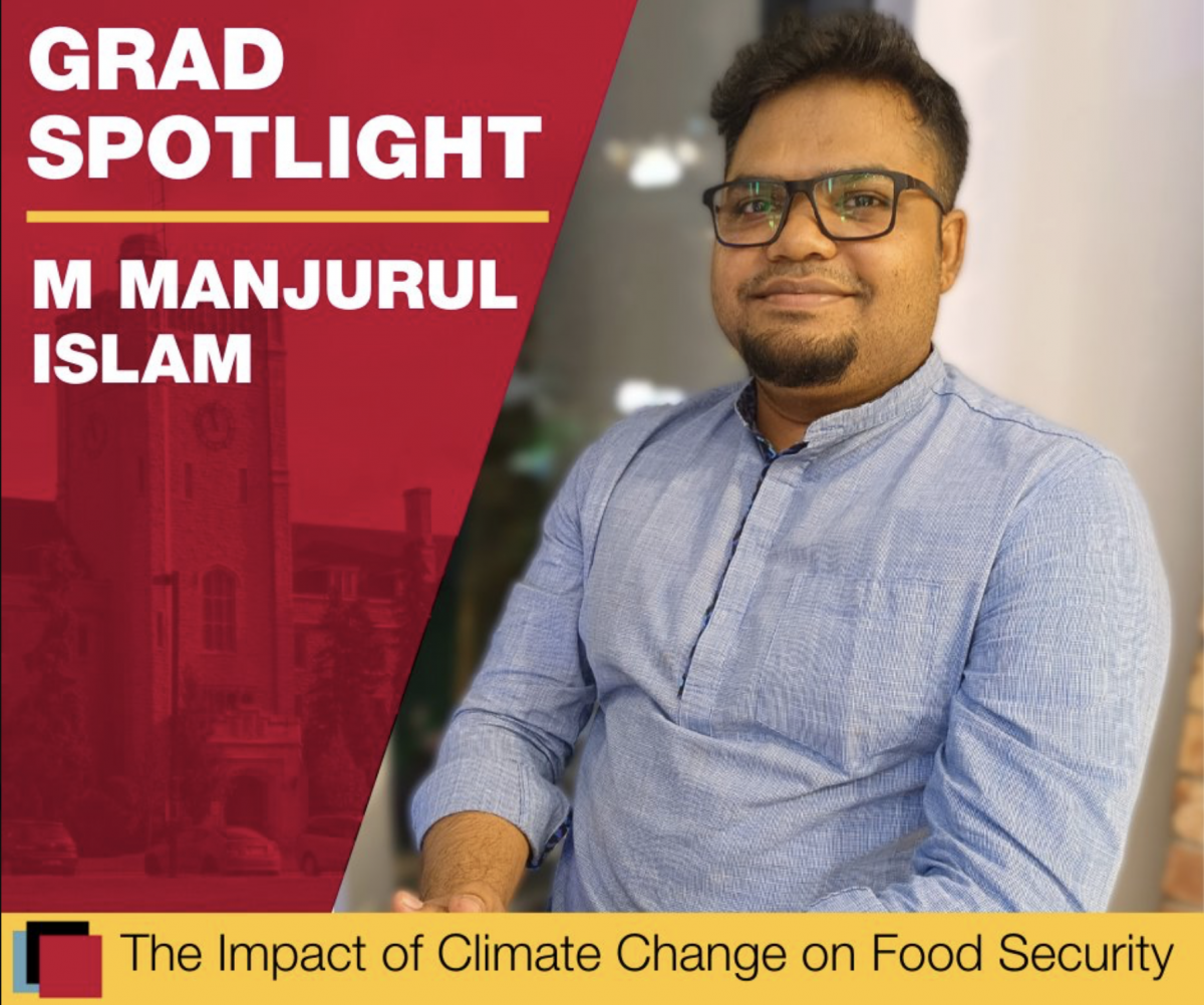 Grad spotlight. M Manjurul Islam. The impact of climate change on food security. Manjurul sits and smiles at the camera. He has short dark hair, a goatee, glasses, and a long-sleeve light blue shirt.