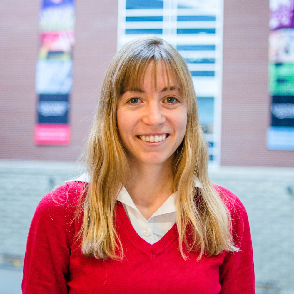 Portrait of graduate student Emma Plater (PhD, Human Health and Nutritional Sciences with Neuroscience) in the Science Atrium at the University of Guelph