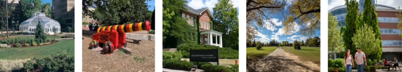 composite of Rutherford Conservatory, the cannon,the Macdonald Stewart Art Centre, Johnson Green, the Science Complex