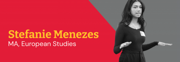 Graphic with a cut out of 3MT U of G campus finals participant and their name and program.
