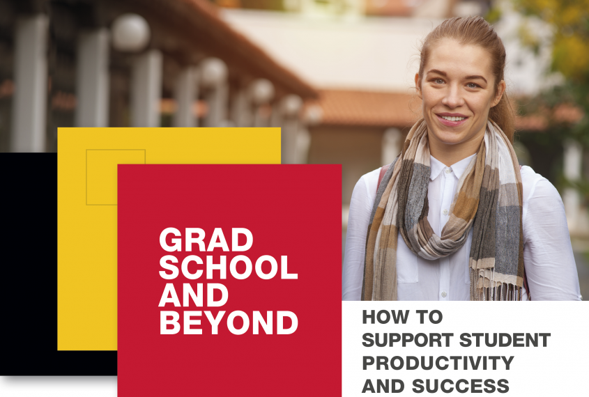 Portrait of a female grad student and three University of Guelph squares