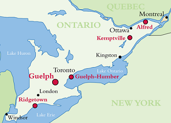 Map of Ontario, highlighting Guelph Ontario, which is located in the South West of the province, outside of Toronto