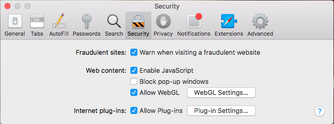 Safari preference security tab