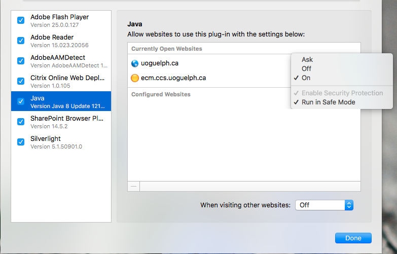 Java settings in Plug-in Settings